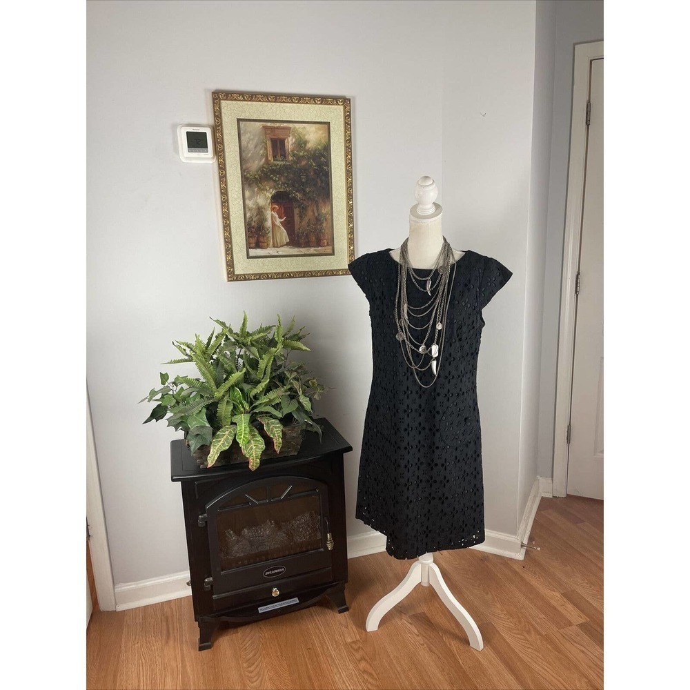Madison Leigh Womens Black Cap Sleeve Lace Sheath Knee Length Dress Size 10